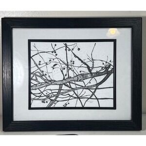Framed Art Print Bird‎ Black and White Tree Branches & Berries Sketch